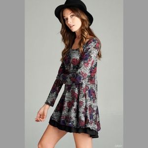 Grey Floral Long Sleeved Contrast Tunic Dress